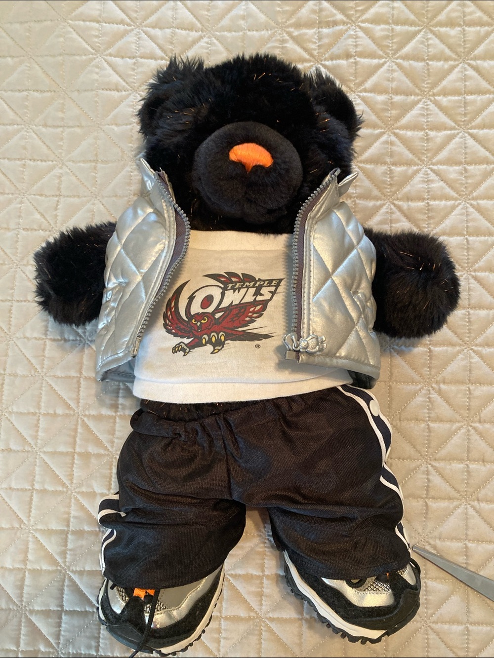Build-A-Bear Black Plush Bear with Silver Vest and Temple Owls shirtOrange Nose